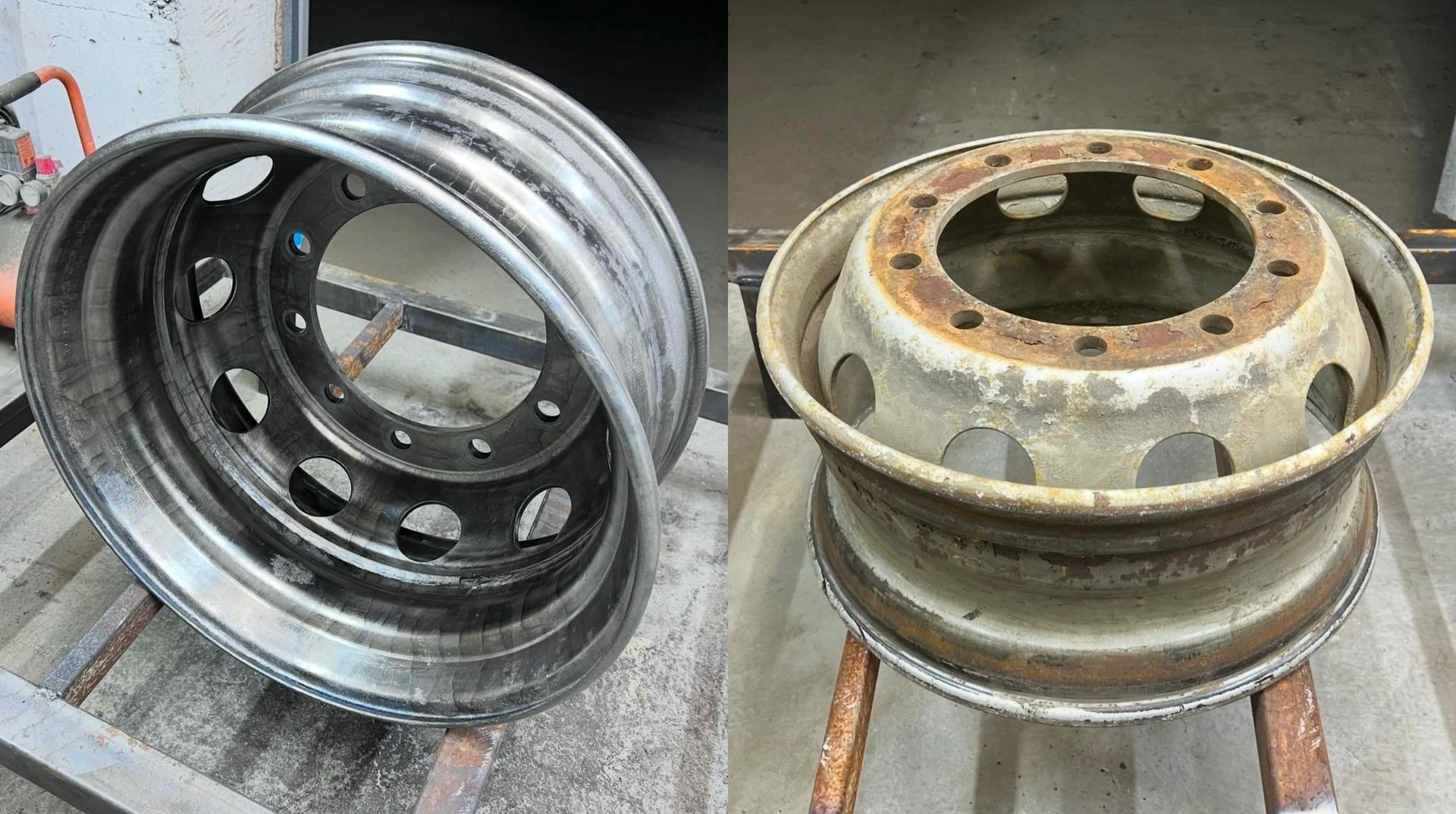 Comparison of a polished metal wheel rim and a rusty corroded wheel rim side by side.